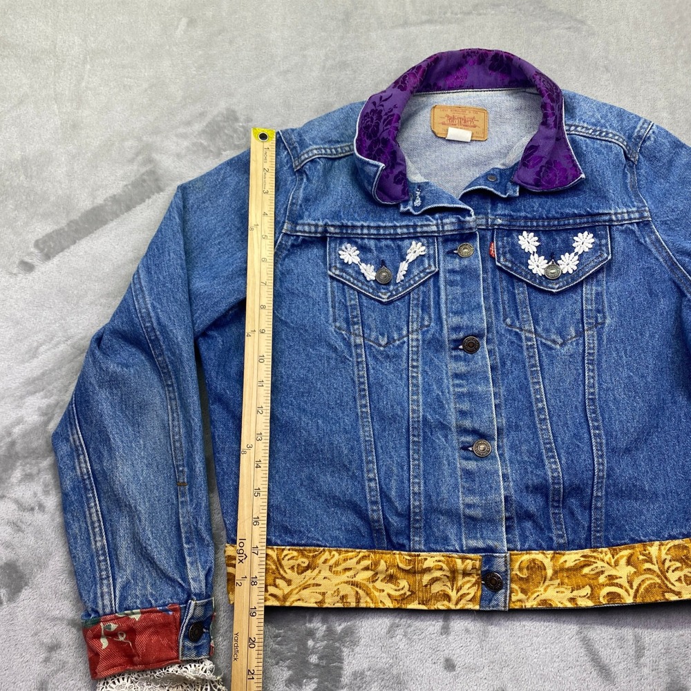 VTG Levis Denim Jacket Custom Upcycled Lace Brocade XL‎ Womens USA 80s Western - Picture 5 of 13